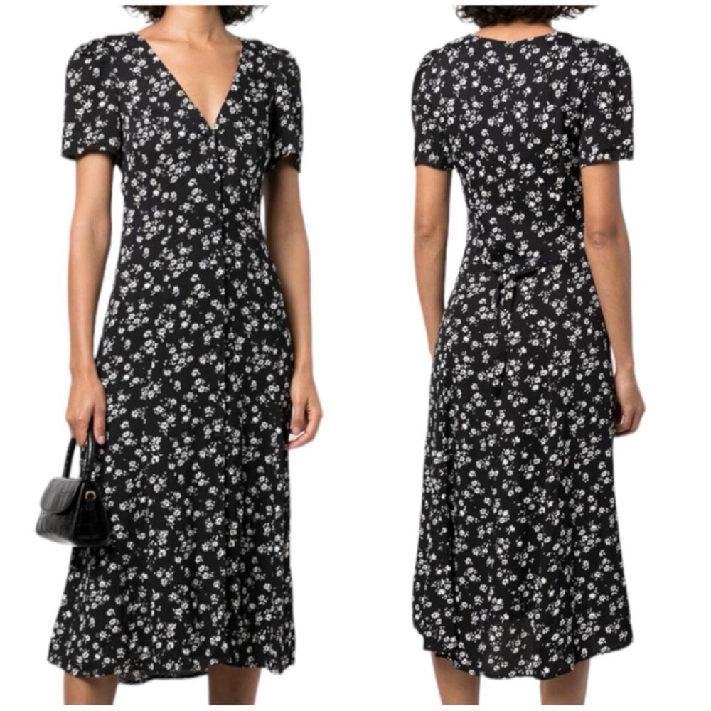 Reformation Locklin Jasmine Black Floral V-Neck Midi Dress